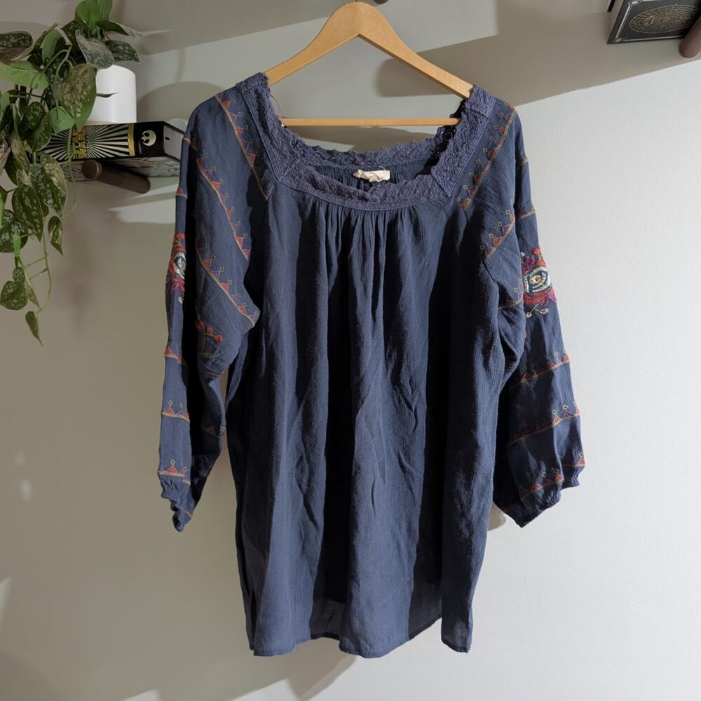 Entro | Embroidered Boho Peasant Blouse Navy Balloon Sleeve | Women's Size XL